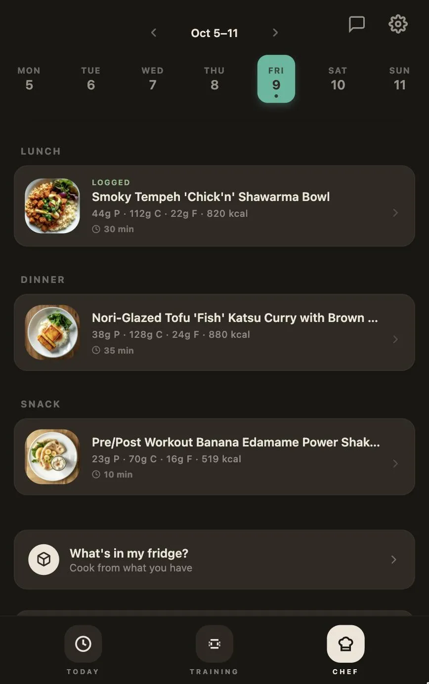 Metriform weekly menu: breakfast, lunch, dinner and snack with photos and macros
