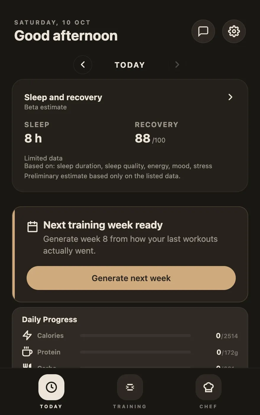 Metriform Today screen: daily progress for calories, protein, carbs, fat and water, with today's planned meals