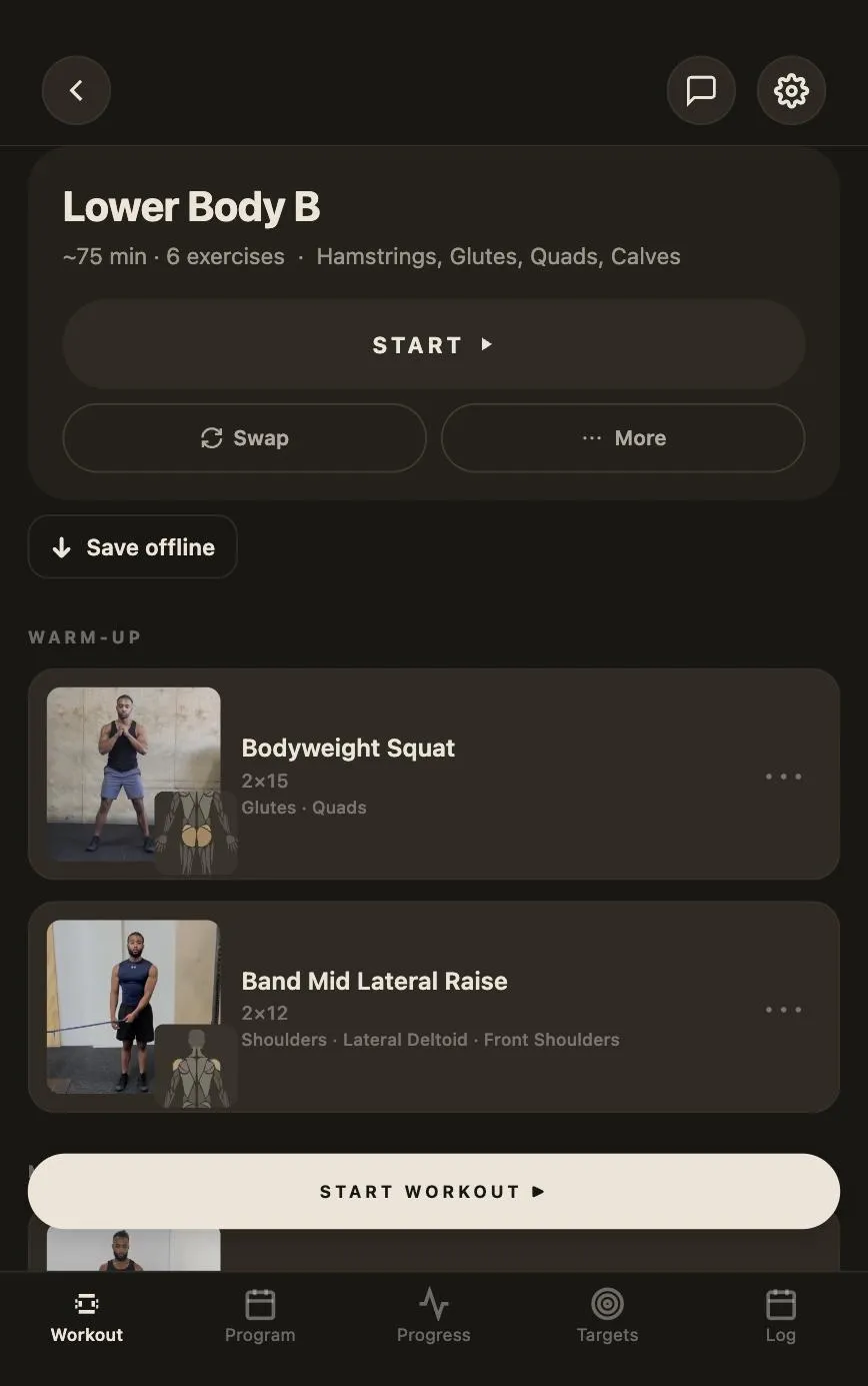 Metriform workout screen: Lower Body B, six exercises with demo photos and a muscle map